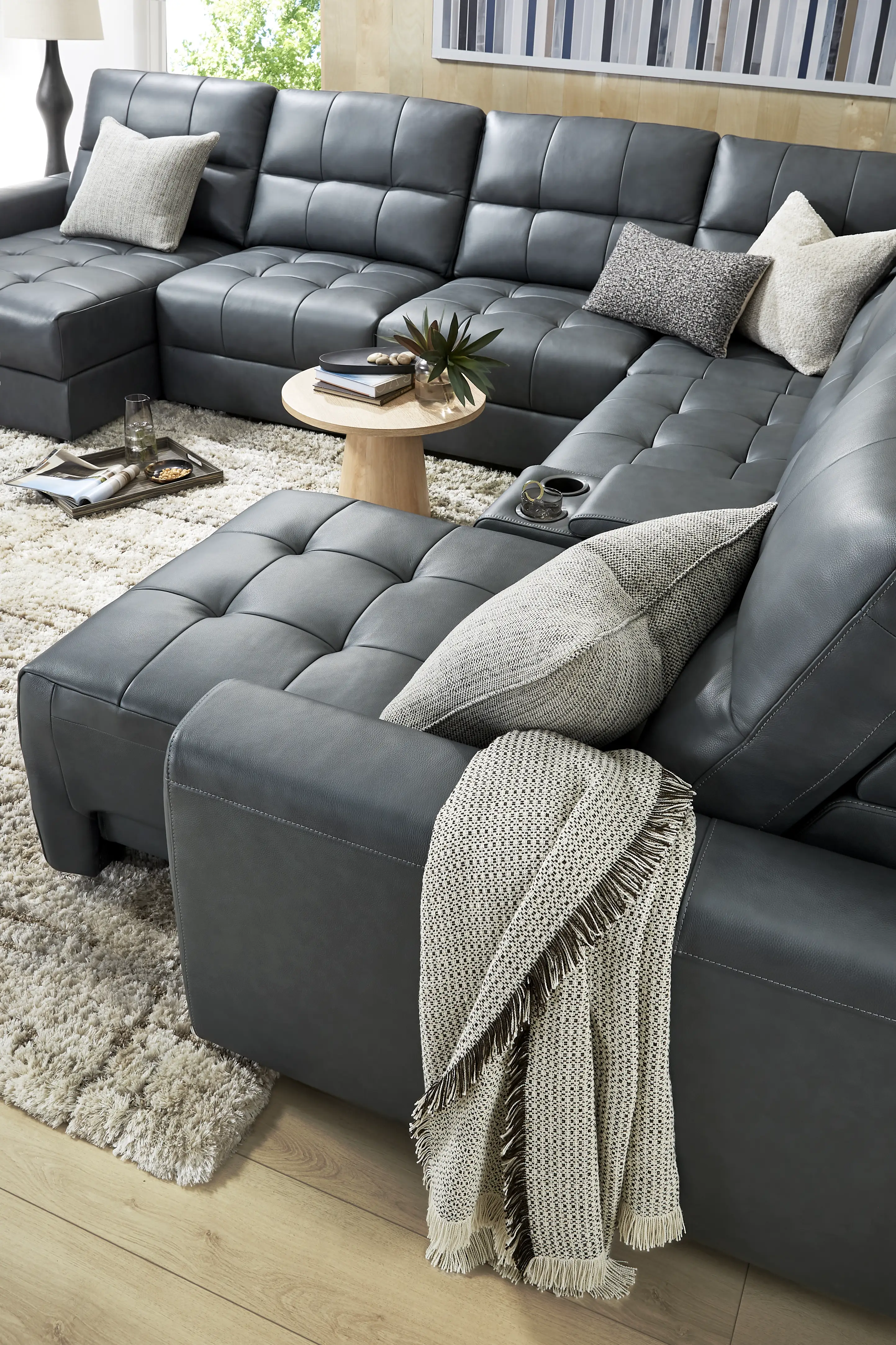 Meriwether Slate Blue Leather 7 Pc Power Slider Sectional - Image 16