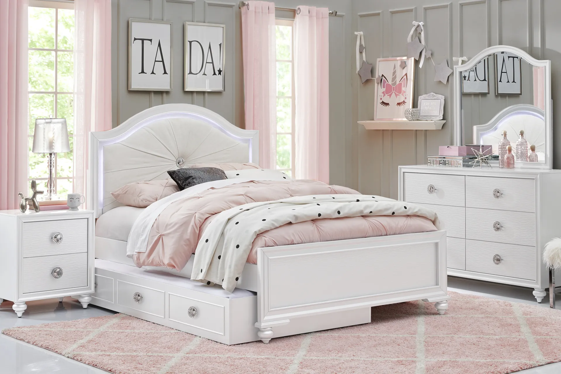 Kids Evangeline White Full Lighted Upholstered Bed with White LED - Image 1