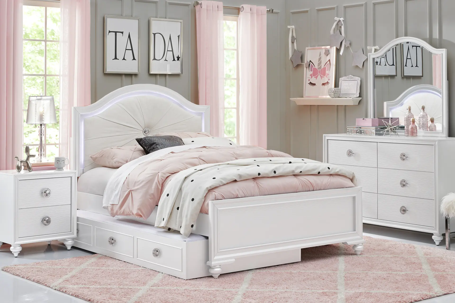Kids Evangeline White Twin Lighted Upholstered Bedroom with Multi-Color LEDs