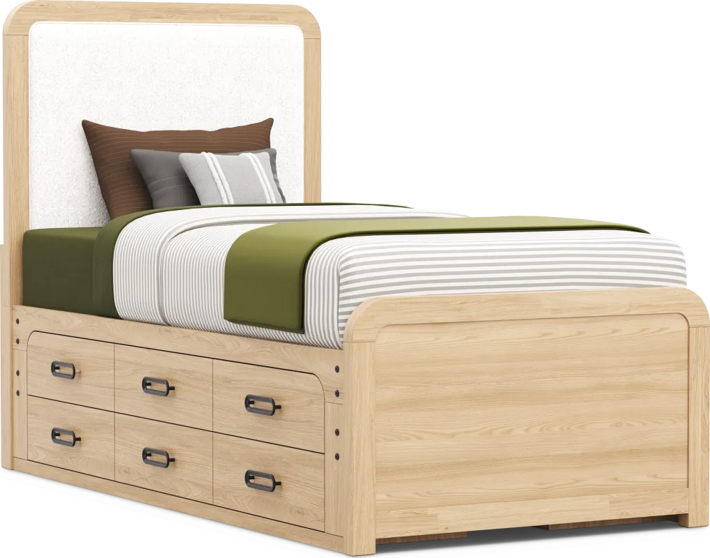 Kids Hidden Hills Light Oak Twin Upholstered Panel Bed with 2 Storage Side Rails