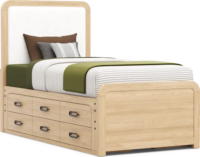Kids Hidden Hills Light Oak Twin Upholstered Panel Bed with 2 Storage Side Rails - Thumbnail - Image 2