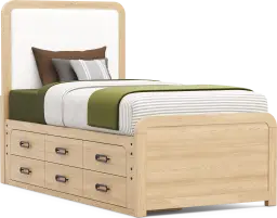 twin upholstered bed w/storage rail