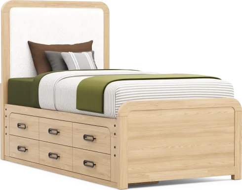 Kids Hidden Hills Light Oak Twin Upholstered Panel Bed with Storage Side Rail