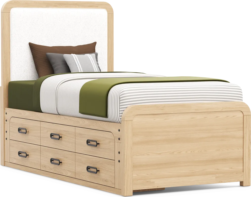 Kids Hidden Hills Light Oak Twin Upholstered Panel Bed with Storage Side Rail
