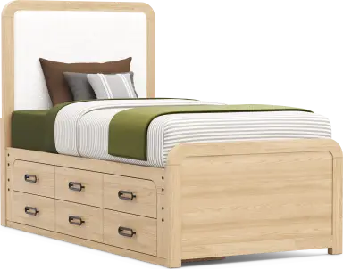 twin upholstered bed w/storage rail