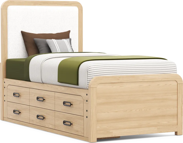 twin upholstered bed w/storage rail