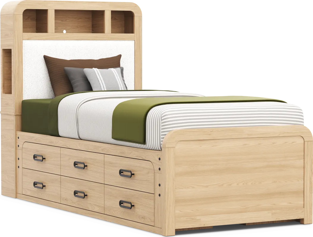 Kids Hidden Hills Light Oak Twin XL Bookcase Bed with 2 Storage Side Rails