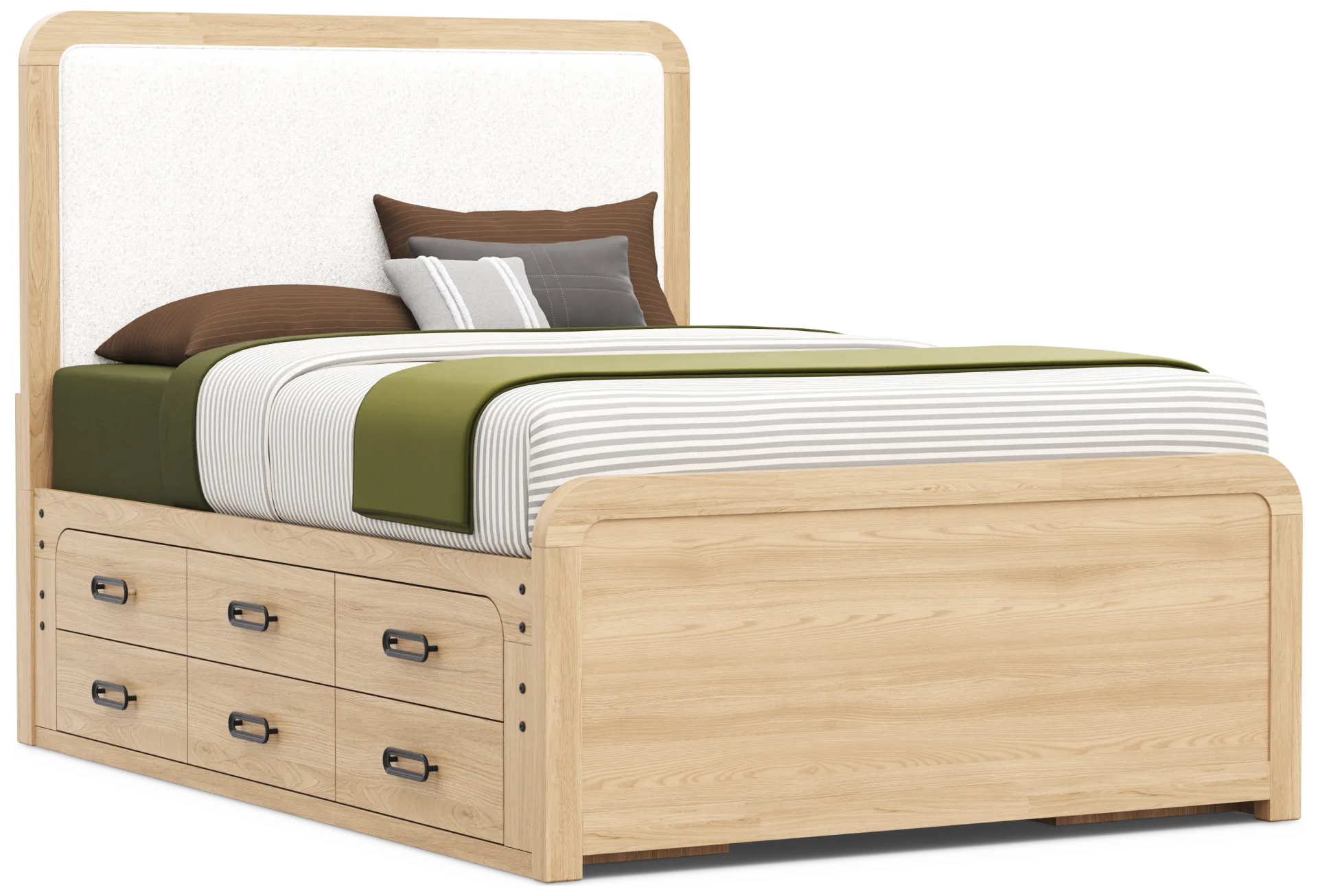 light oak full upholstered bed w/storage rails