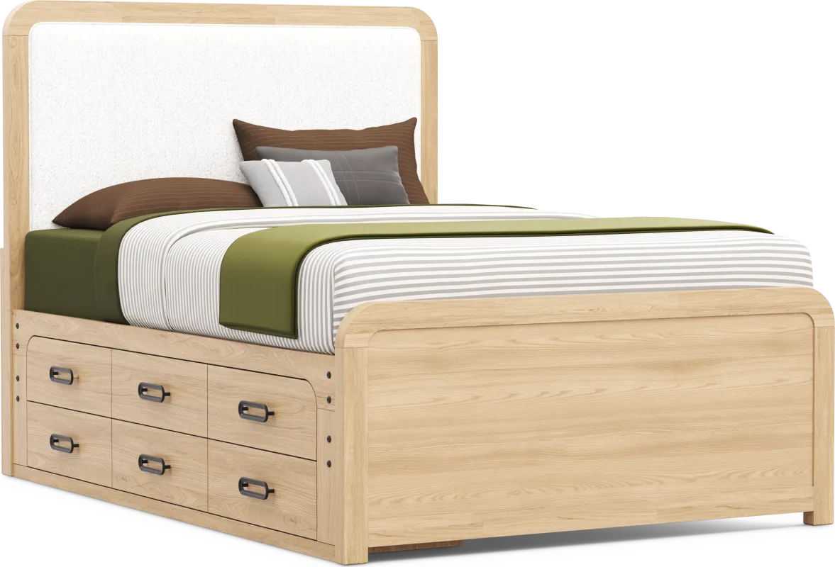 Kids Hidden Hills Light Oak Full Upholstered Panel Bed with Storage Side Rail