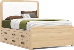 full upholstered bed w/storage rail