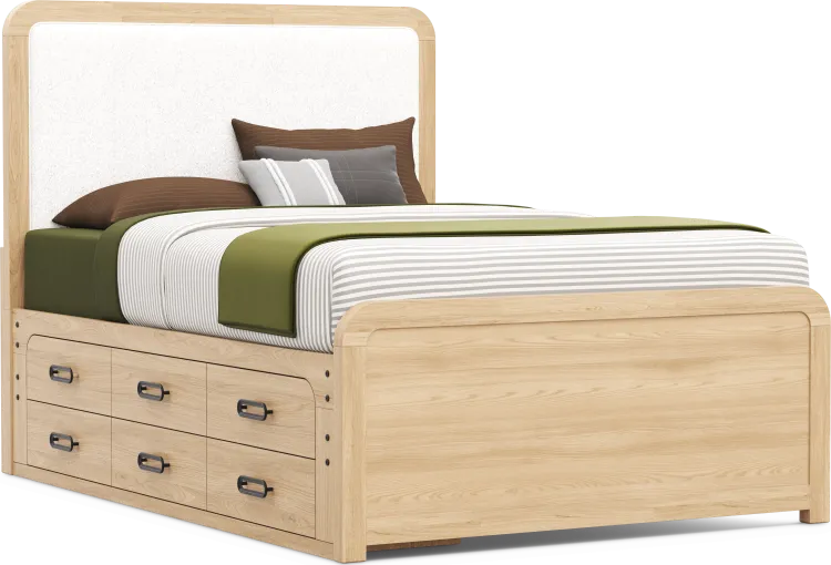 full upholstered bed w/storage rail