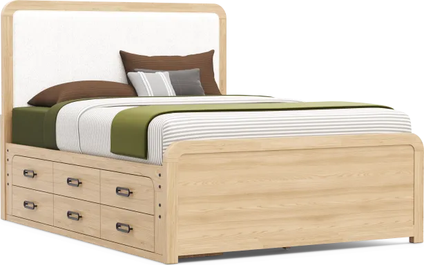 Kids Hidden Hills Light Oak Queen Upholstered Panel Bed with Storage Side Rail