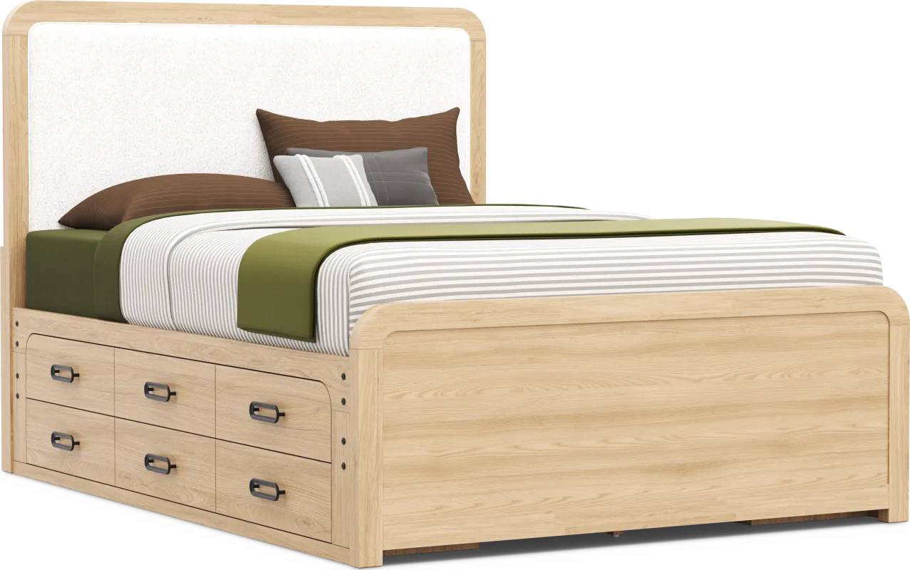 Kids Hidden Hills Light Oak Queen Upholstered Panel Bed with 2 Storage Side Rails