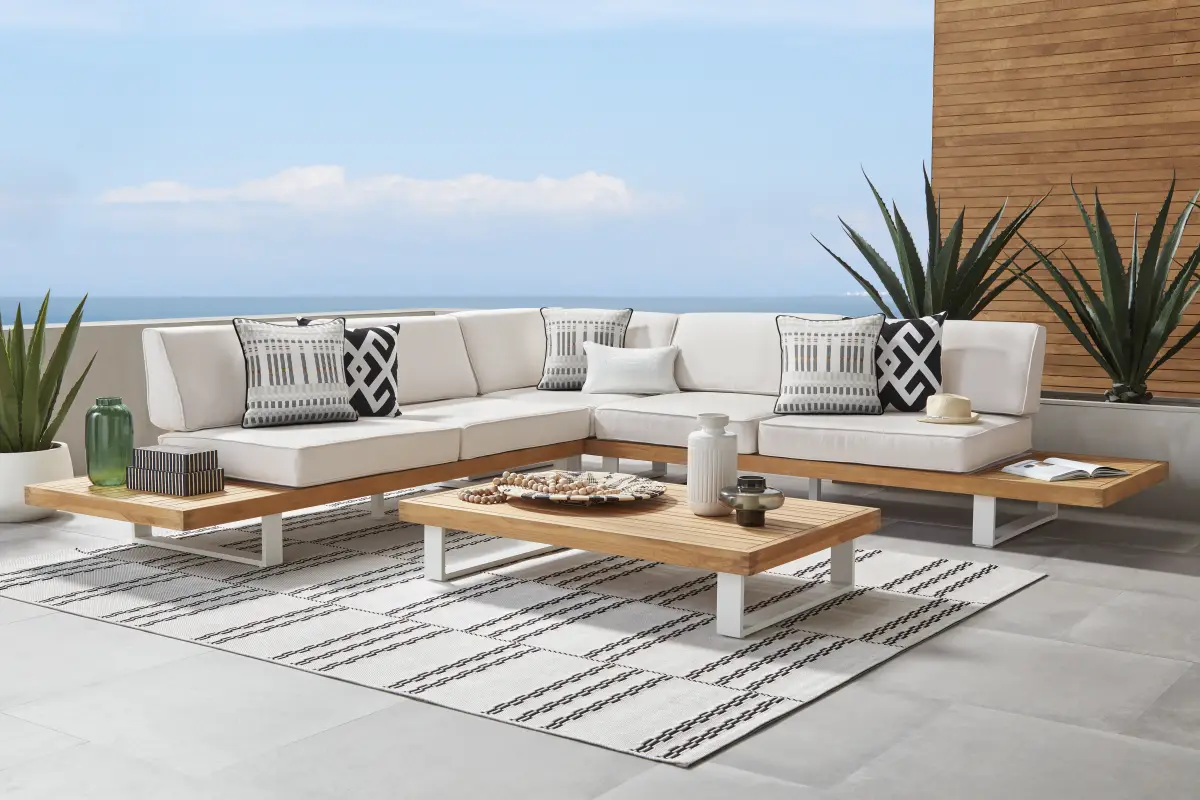 Platform Teak 3 Pc Outdoor Sectional with Sand Cushions