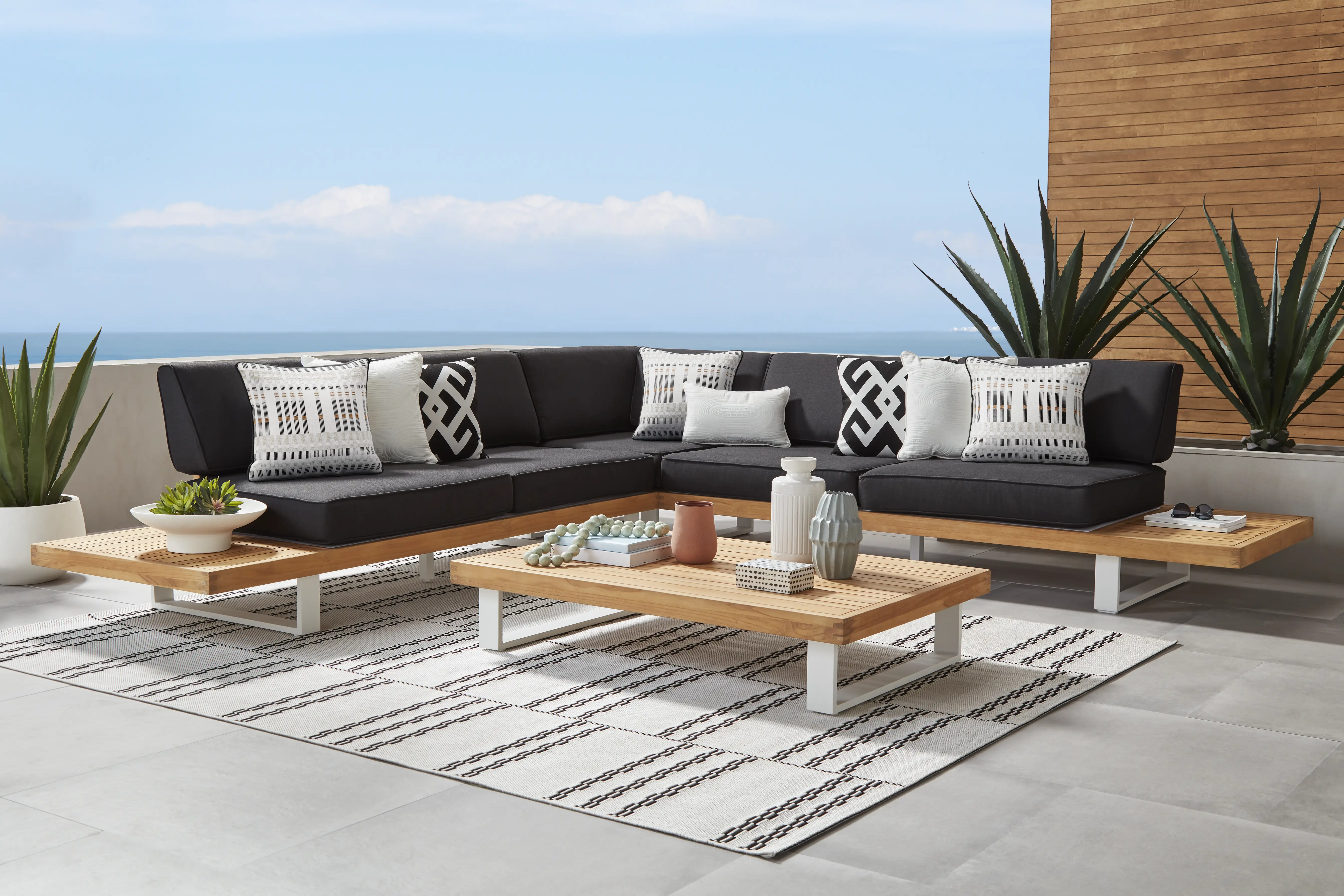 Platform Teak 3 Pc Outdoor Sectional with Charcoal Cushions - Thumbnail - Image 2