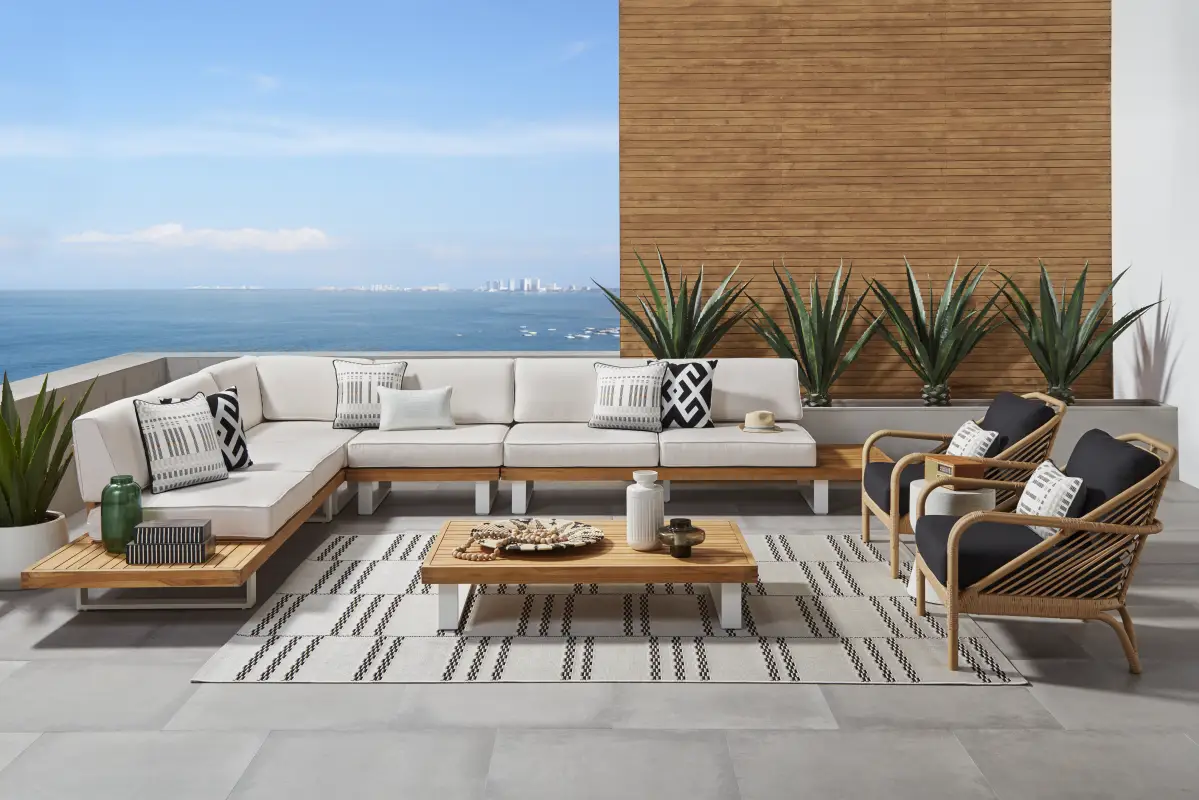 Platform Teak 4 Pc Outdoor Sectional with Sand Cushions