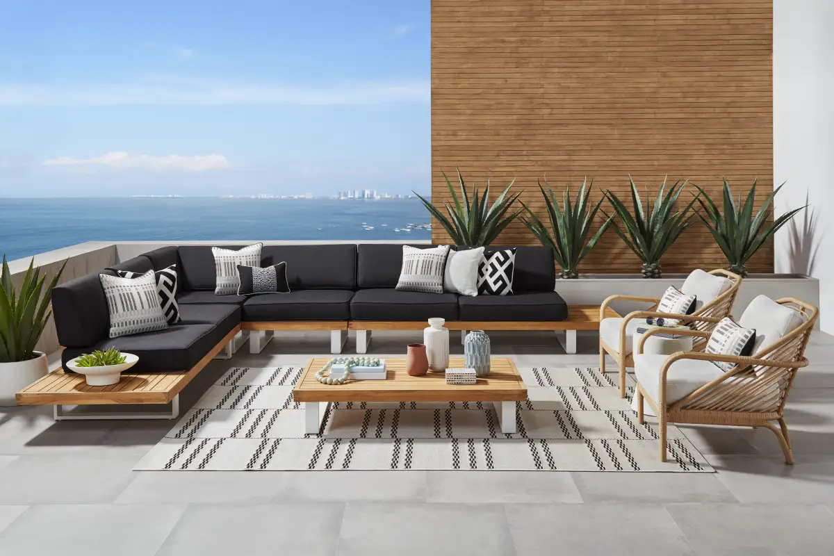 Platform Teak 4 Pc Outdoor Sectional with Charcoal Cushions