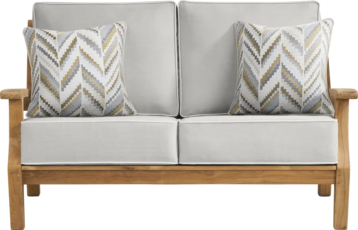 Pleasant Bay Teak Outdoor Loveseat with Dove Cushions