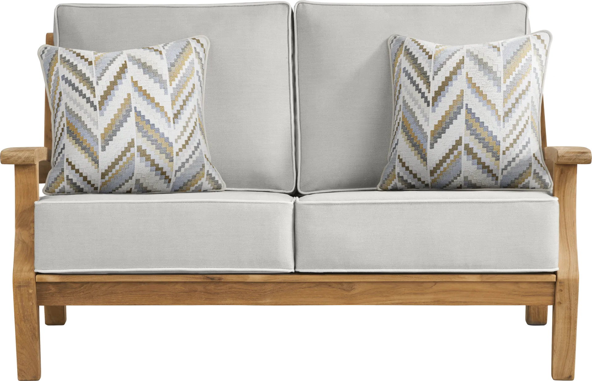Pleasant Bay Teak Outdoor Loveseat with Dove Cushions - Image 1
