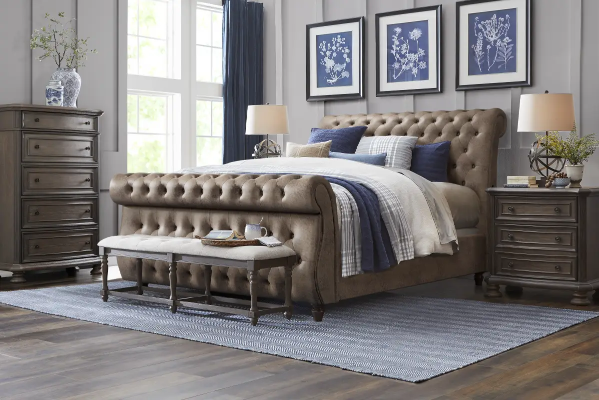 Armitage Dark Brown 5 Pc Bedroom with Ivy Brown Queen Upholstered Bed