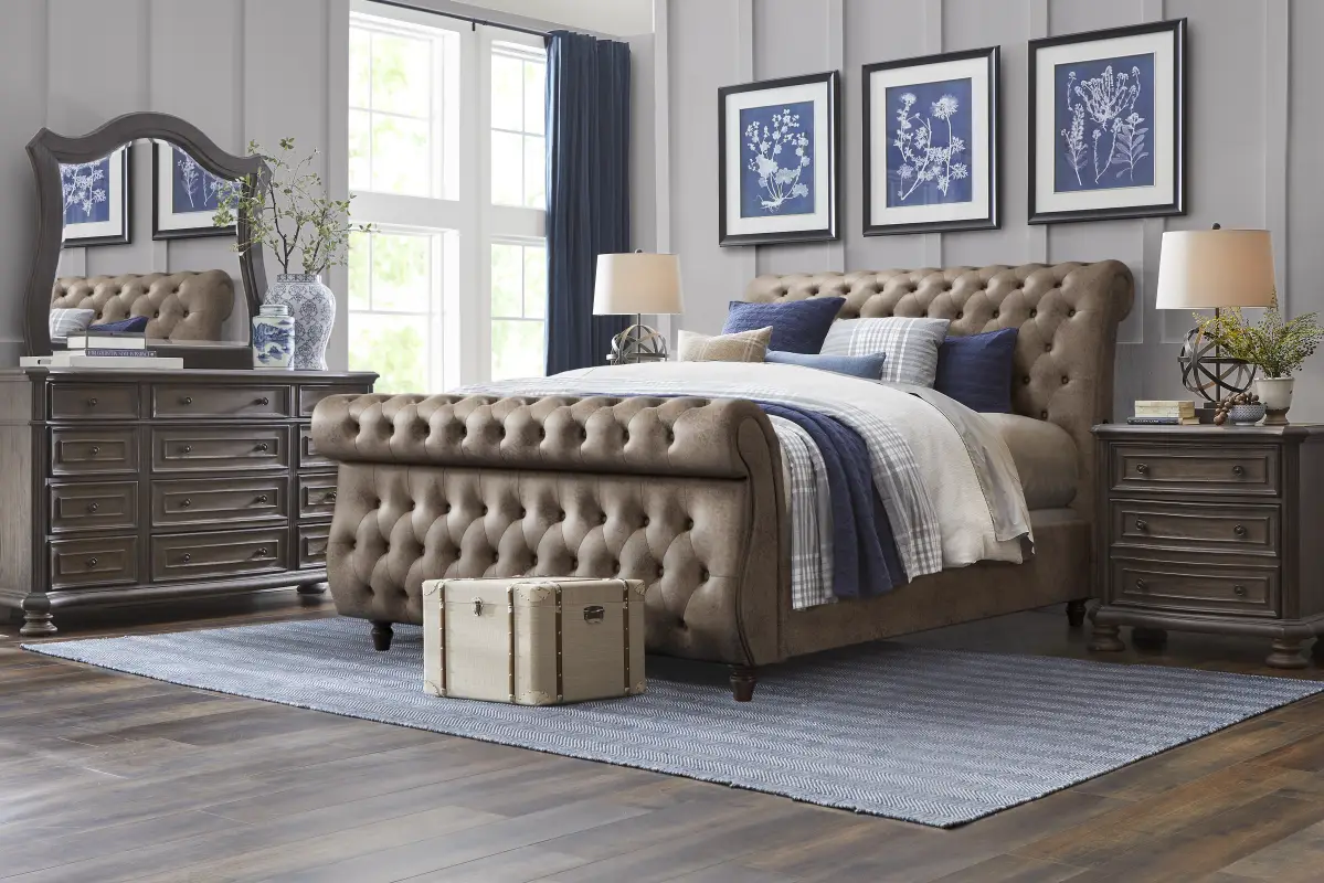 Armitage Dark Brown 5 Pc Bedroom with Ivy Brown Queen Upholstered Bed