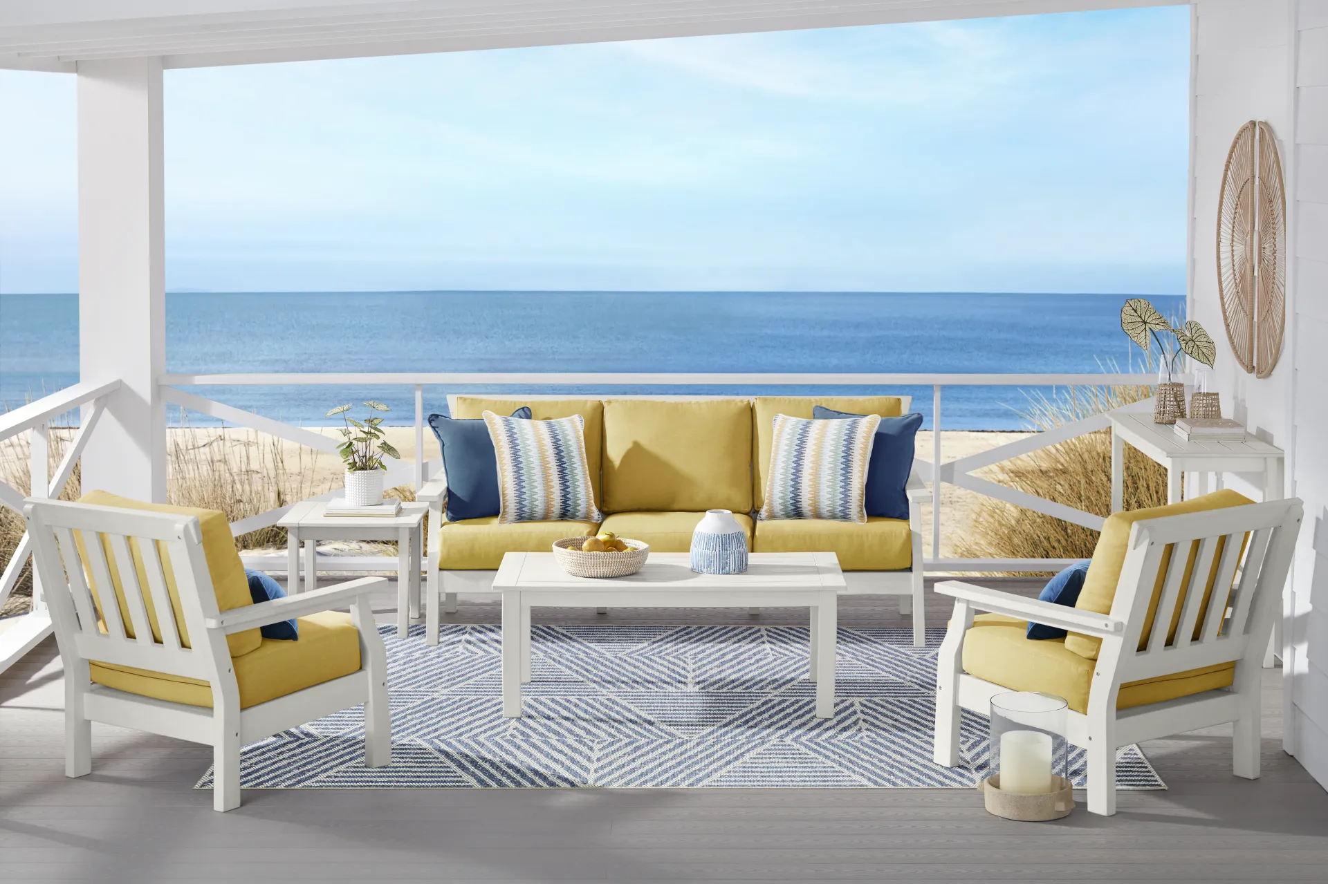Eastlake White 3 Pc Outdoor Seating Set with Buttercup Cushions - Image 1