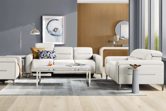 Amalfi White Leather 9 Pc Living Room with Dual Power Reclining Sofa