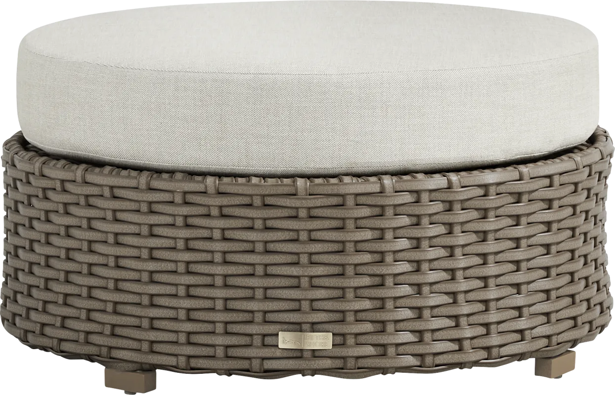 Siesta Key Driftwood Finish Round Outdoor Ottoman with Desert Cushion