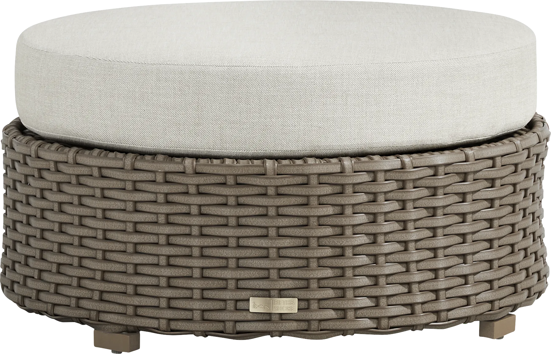 Siesta Key Driftwood Finish Round Outdoor Ottoman with Desert Cushion - Image 1