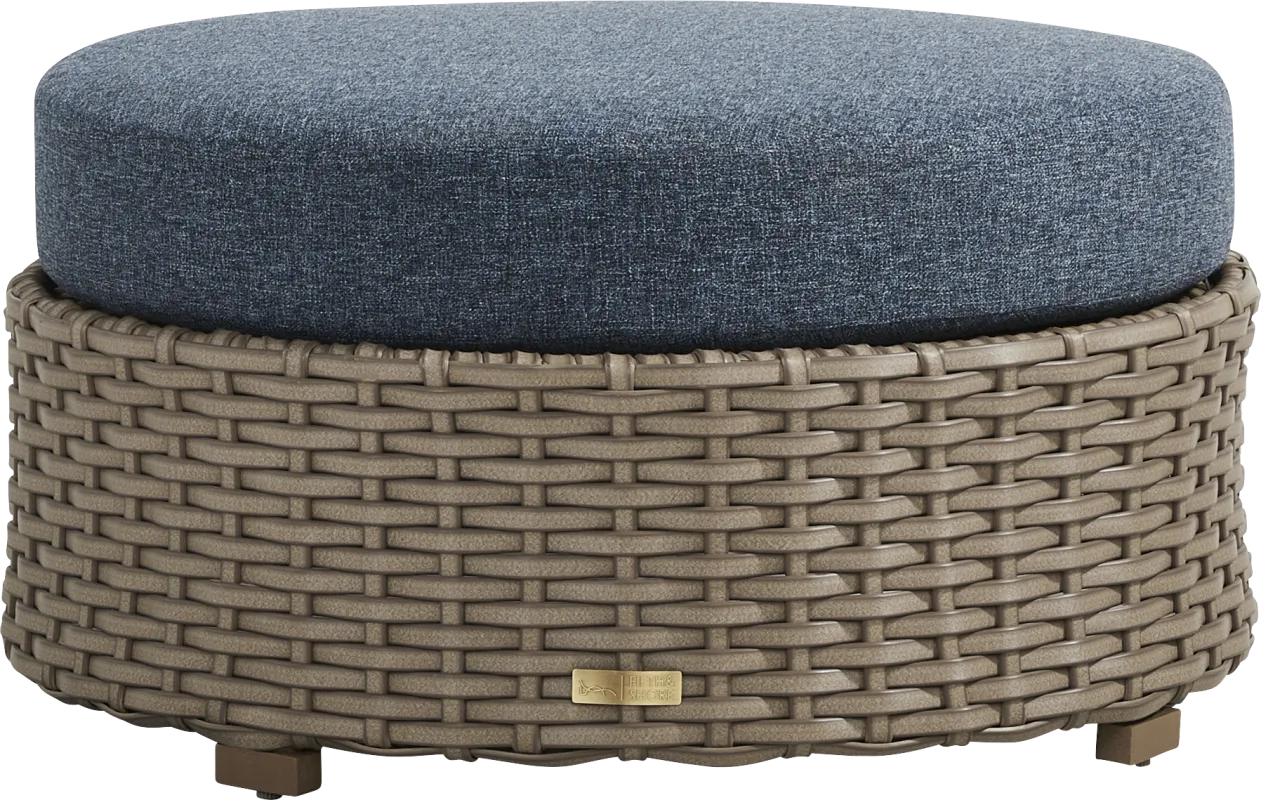 Siesta Key Driftwood Finish Round Outdoor Ottoman with Ink Cushion
