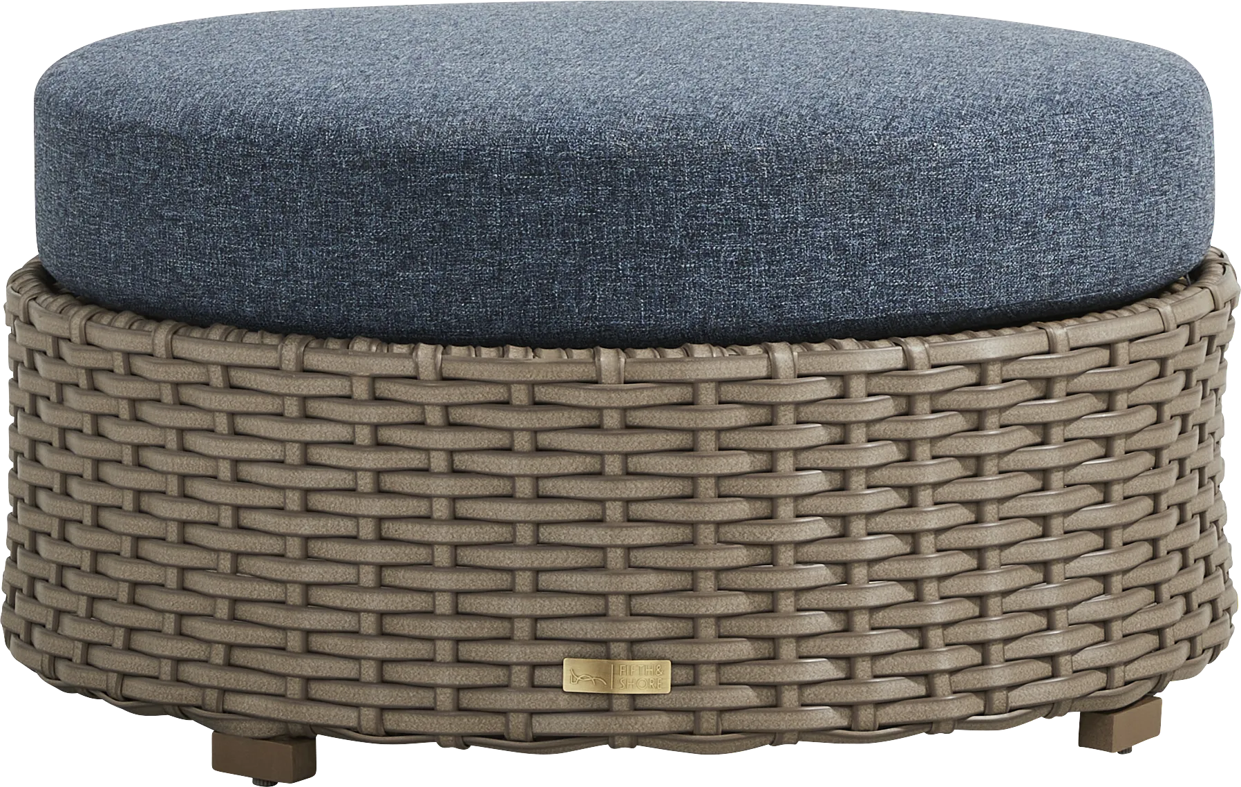 Siesta Key Driftwood Finish Round Outdoor Ottoman with Ink Cushion - Image 1