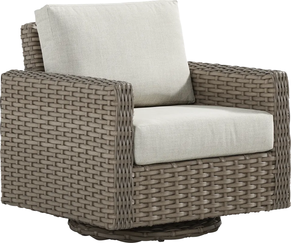Siesta Key Driftwood Finish Outdoor Swivel Chair with Desert Cushions
