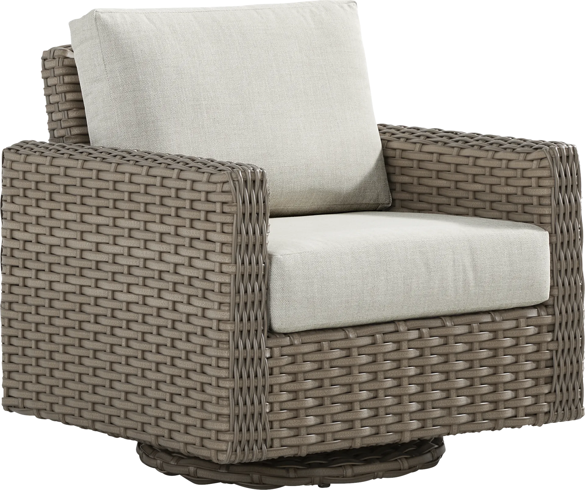 Siesta Key Driftwood Finish Outdoor Swivel Chair with Desert Cushions - Image 1