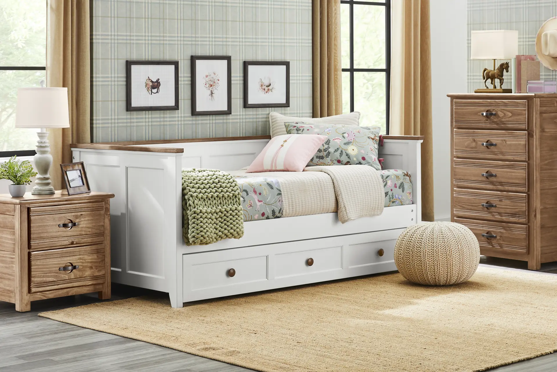 Kids Sugar Hollow White Twin Daybed Bedroom with Creekside 2.0 Chestnut Chest and Nightstand
