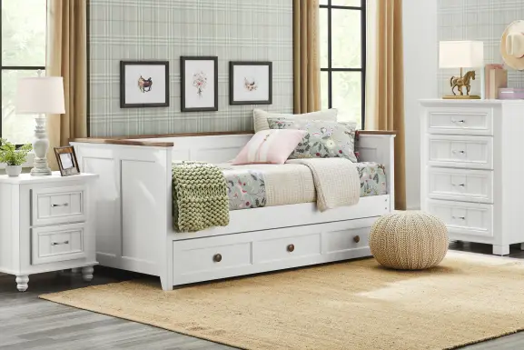 Kids Sugar Hollow White Twin Daybed Bedroom with Cottage Colors Chest and Nightstand