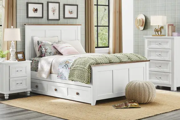 Kids Sugar Hollow White Twin Panel Bedroom with Cottage Colors Chest and Nightstand