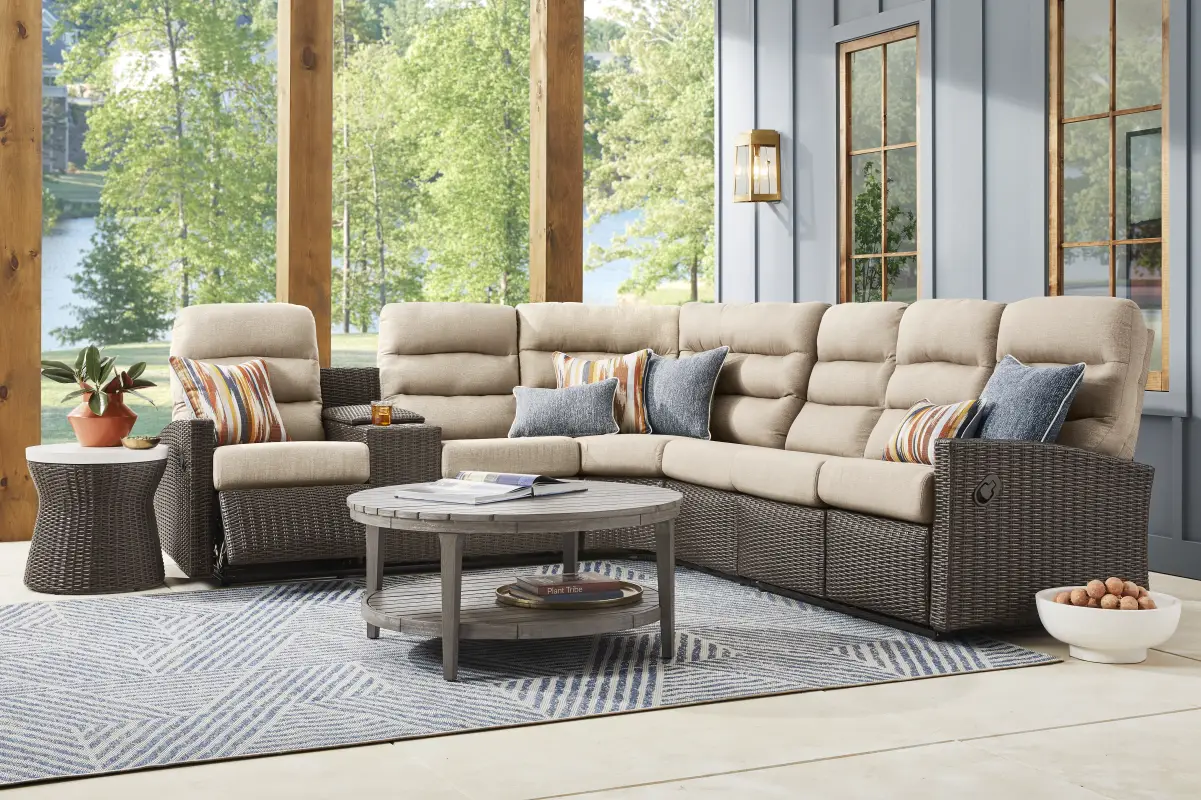 Ria Espresso 4 Pc Outdoor Reclining Sectional with Beige Cushions