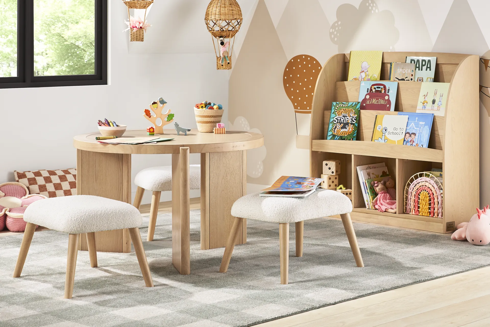 Kids Hidden Hills Light Oak Bookcase and Play Table with Three Stools - Image 1