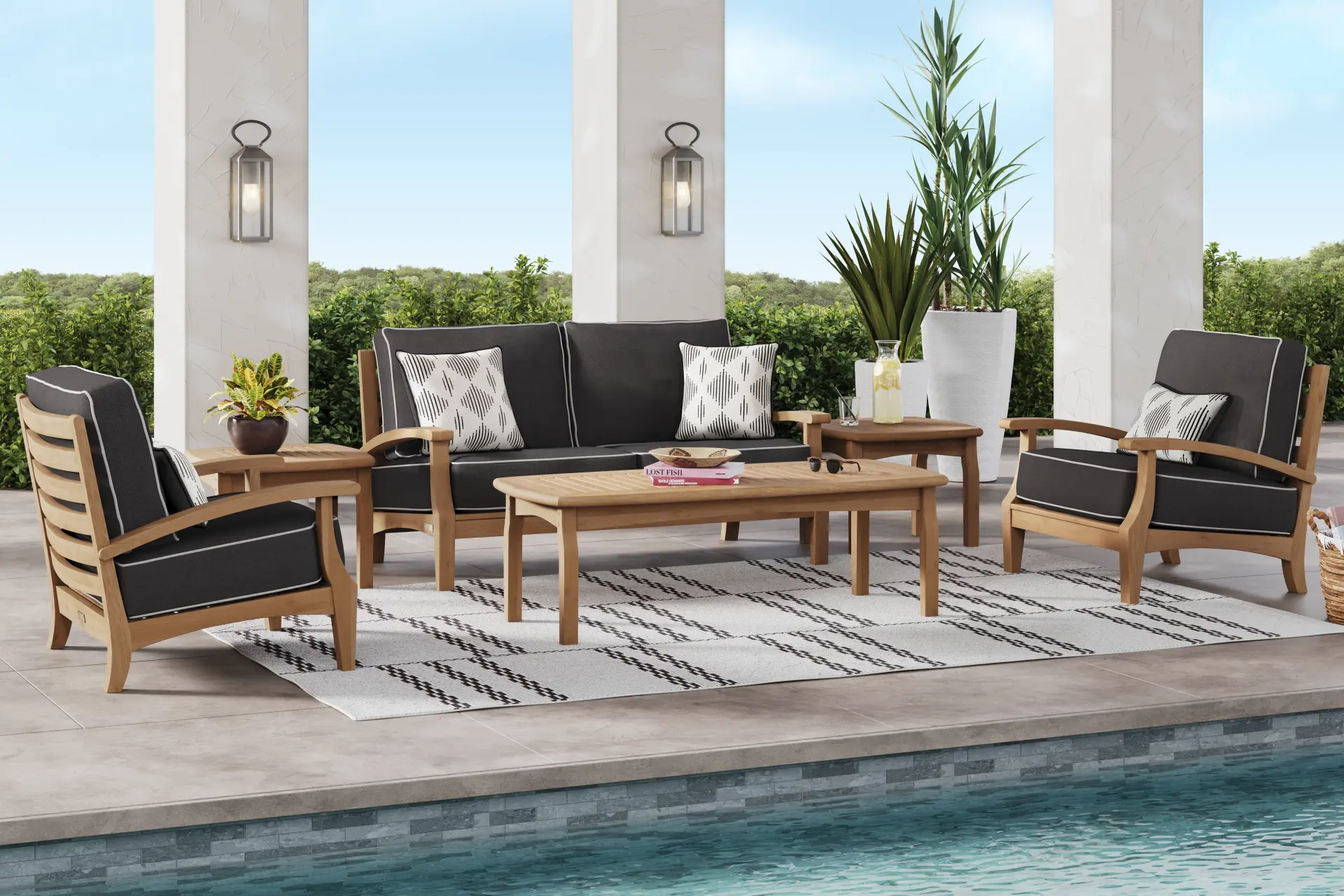 Pleasant Bay Teak 4 Pc Outdoor Loveseat Seating Set with Charcoal Cushions