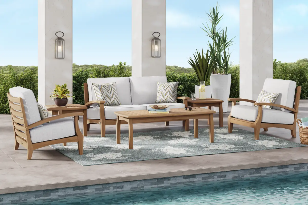 Pleasant Bay Teak 4 Pc Outdoor Loveseat Seating Set with Dove Cushions