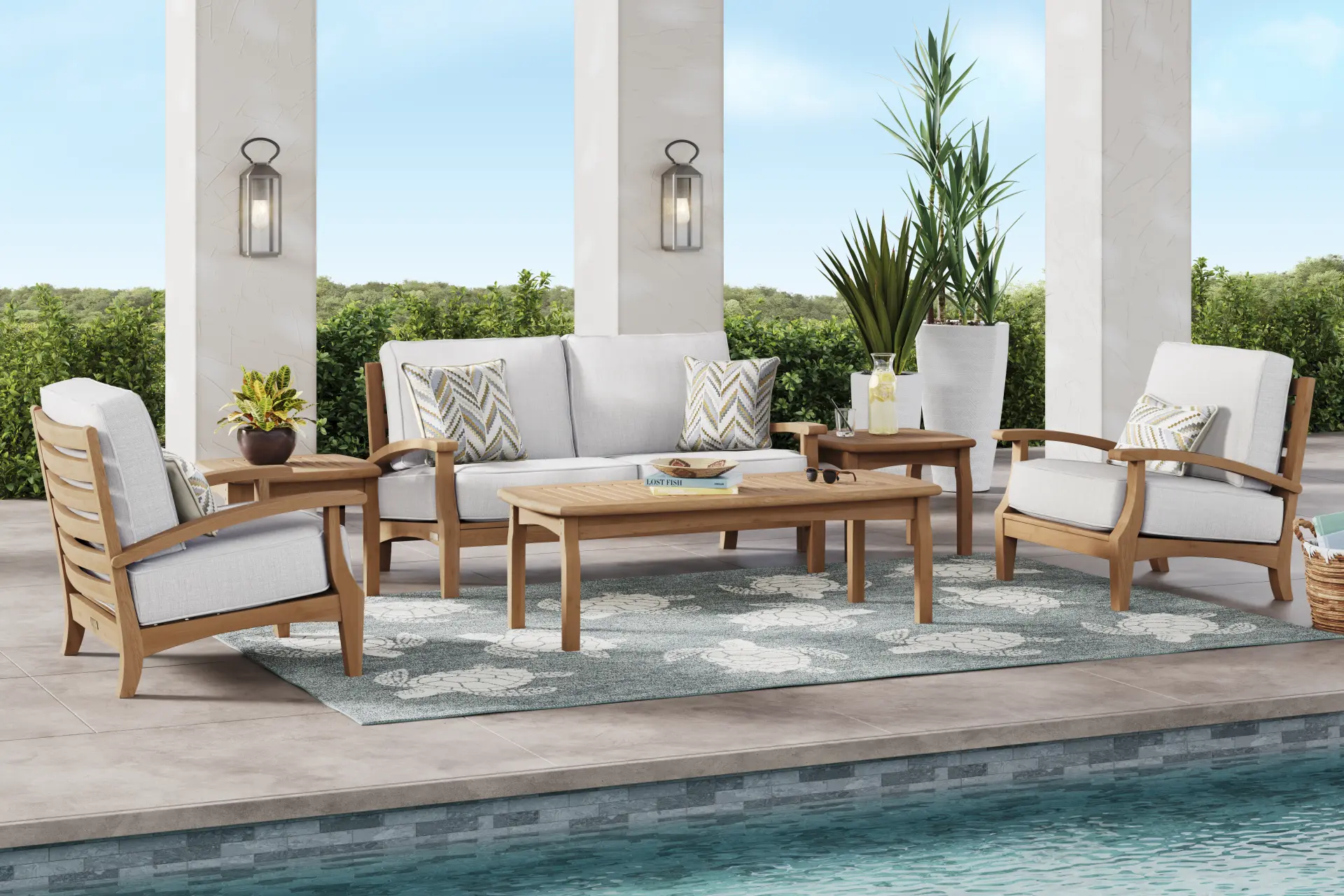 Pleasant Bay Teak 4 Pc Outdoor Loveseat Seating Set with Dove Cushions