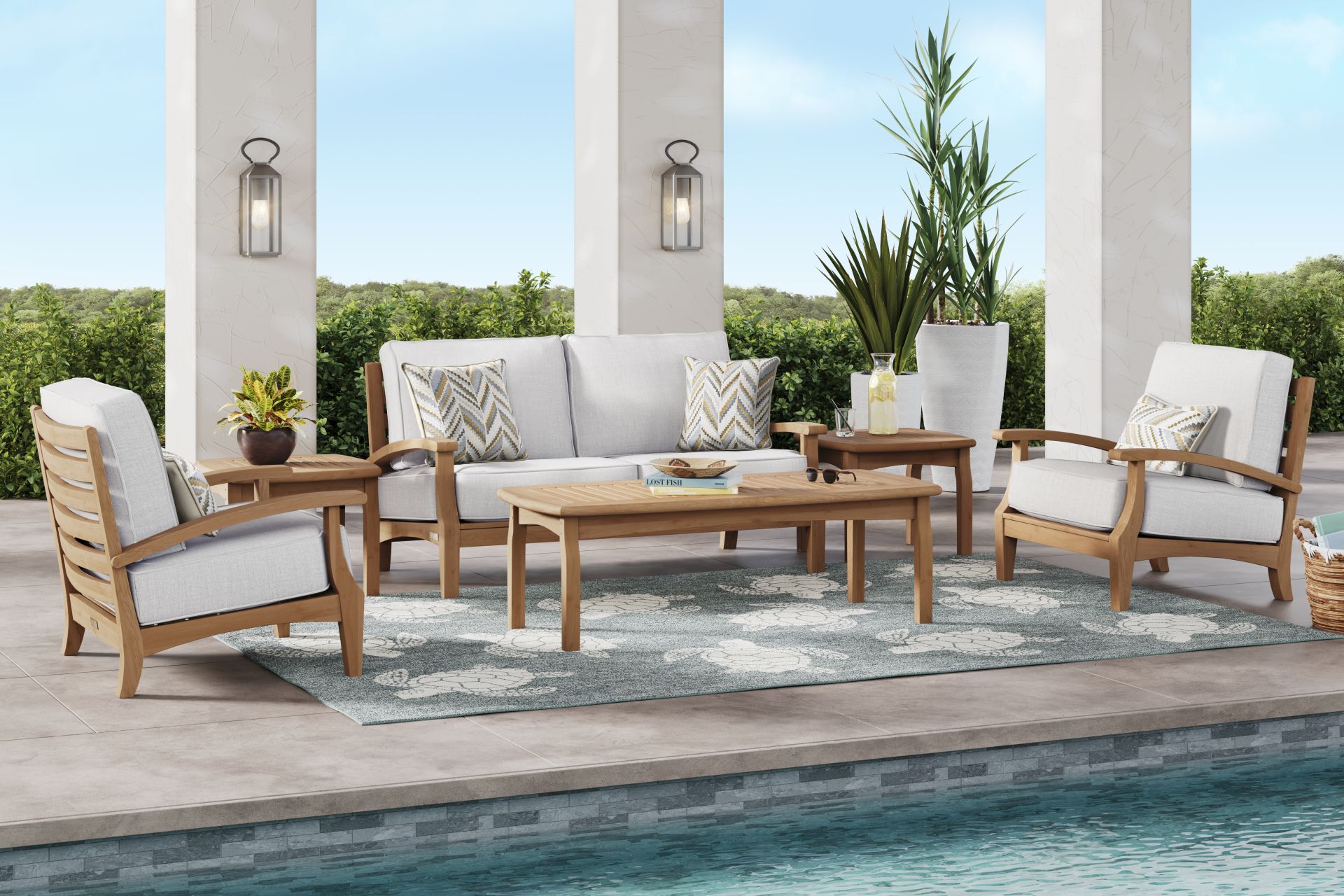 Pleasant Bay Teak 4 Pc Outdoor Loveseat Seating Set with Dove Cushions - Image 1