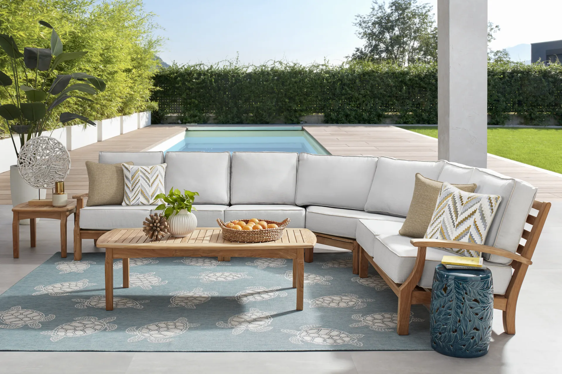 Pleasant Bay Teak 4 Pc Outdoor Sectional with Dove Cushions - Image 1