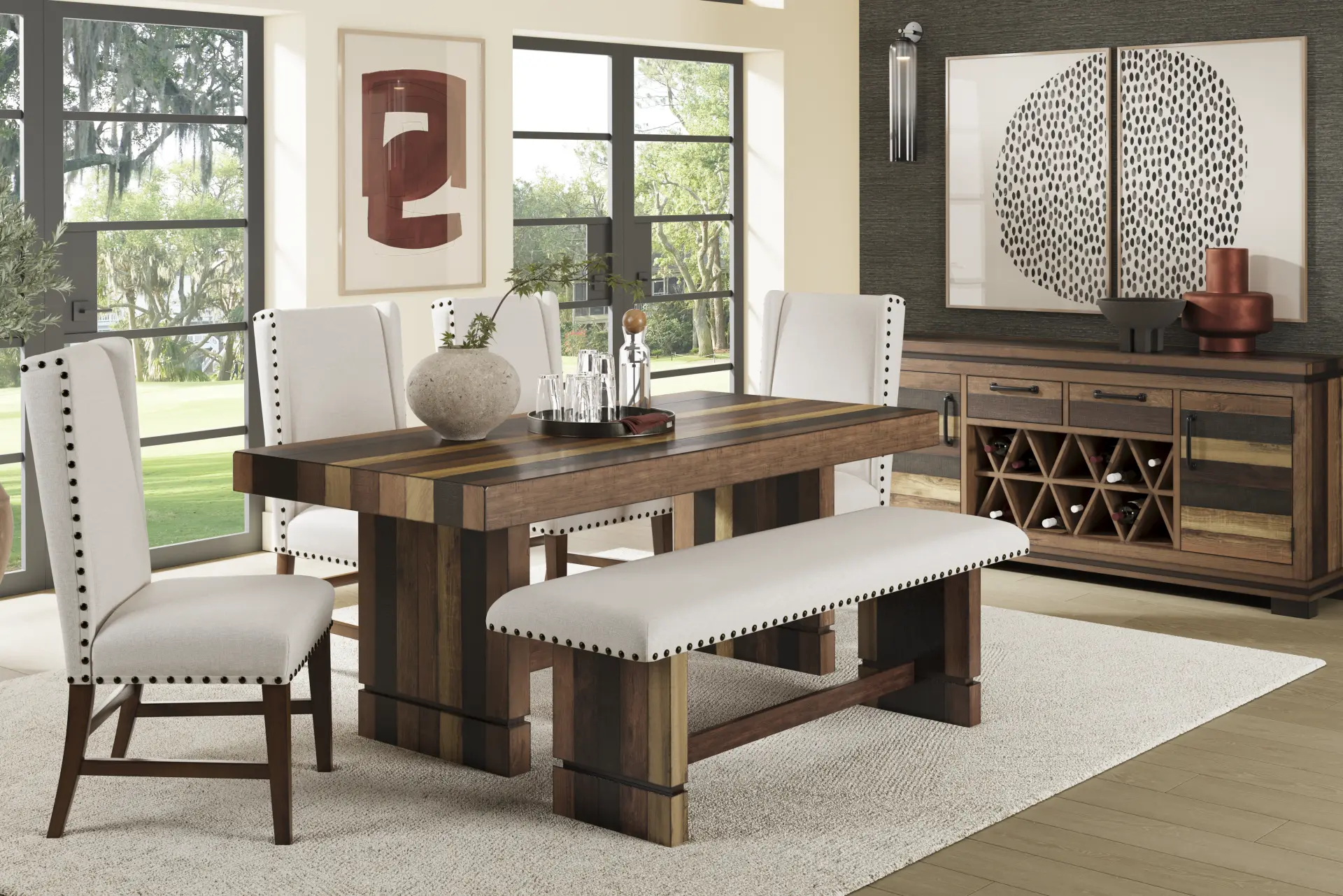 Westover Hills II Brown 6 Pc Rectangle Dining Room with Upholstered Chairs and Bench