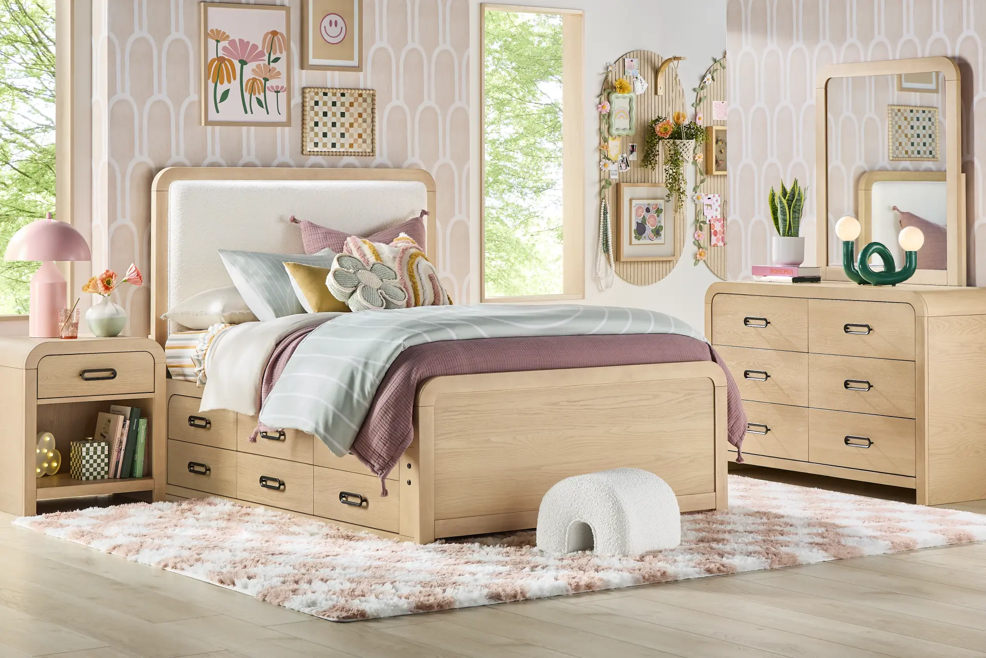 Kids Hidden Hills Light Oak Twin Upholstered Panel Storage Bedroom