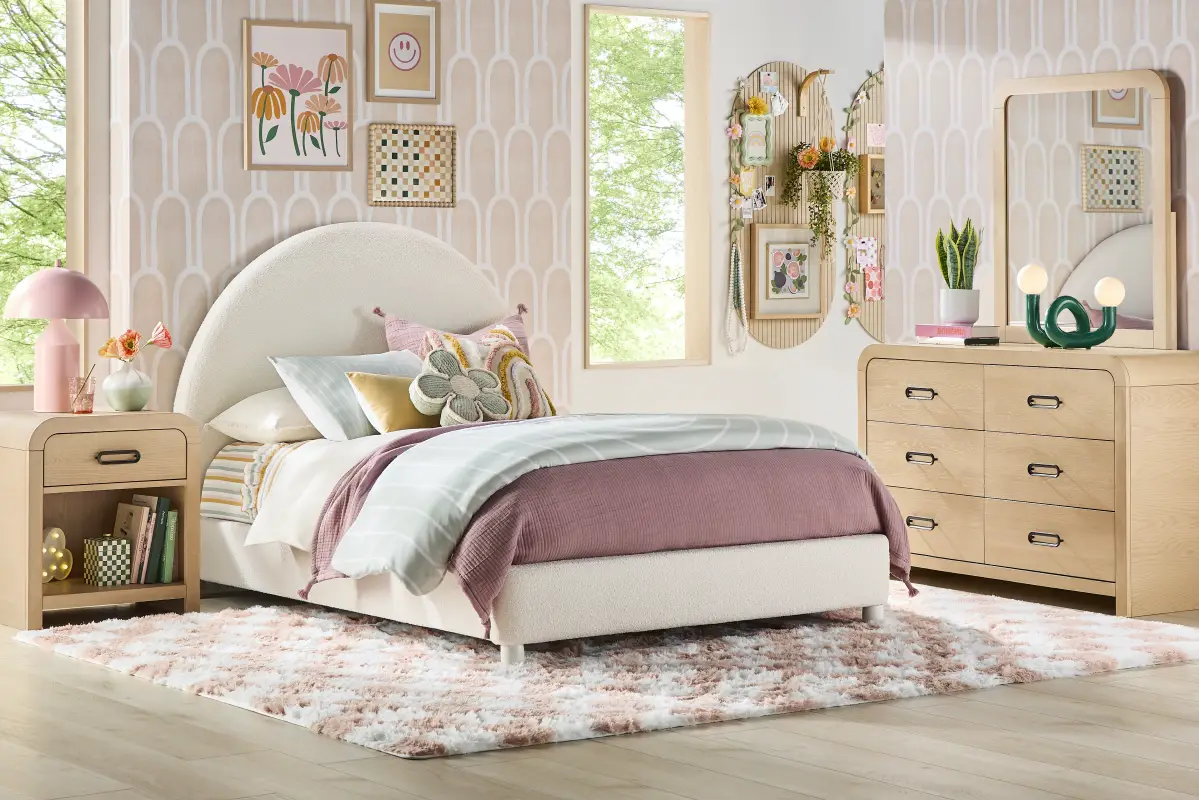 Kids Hidden Hills Light Oak Bedroom with Moonstone Natural Twin Upholstered Bed