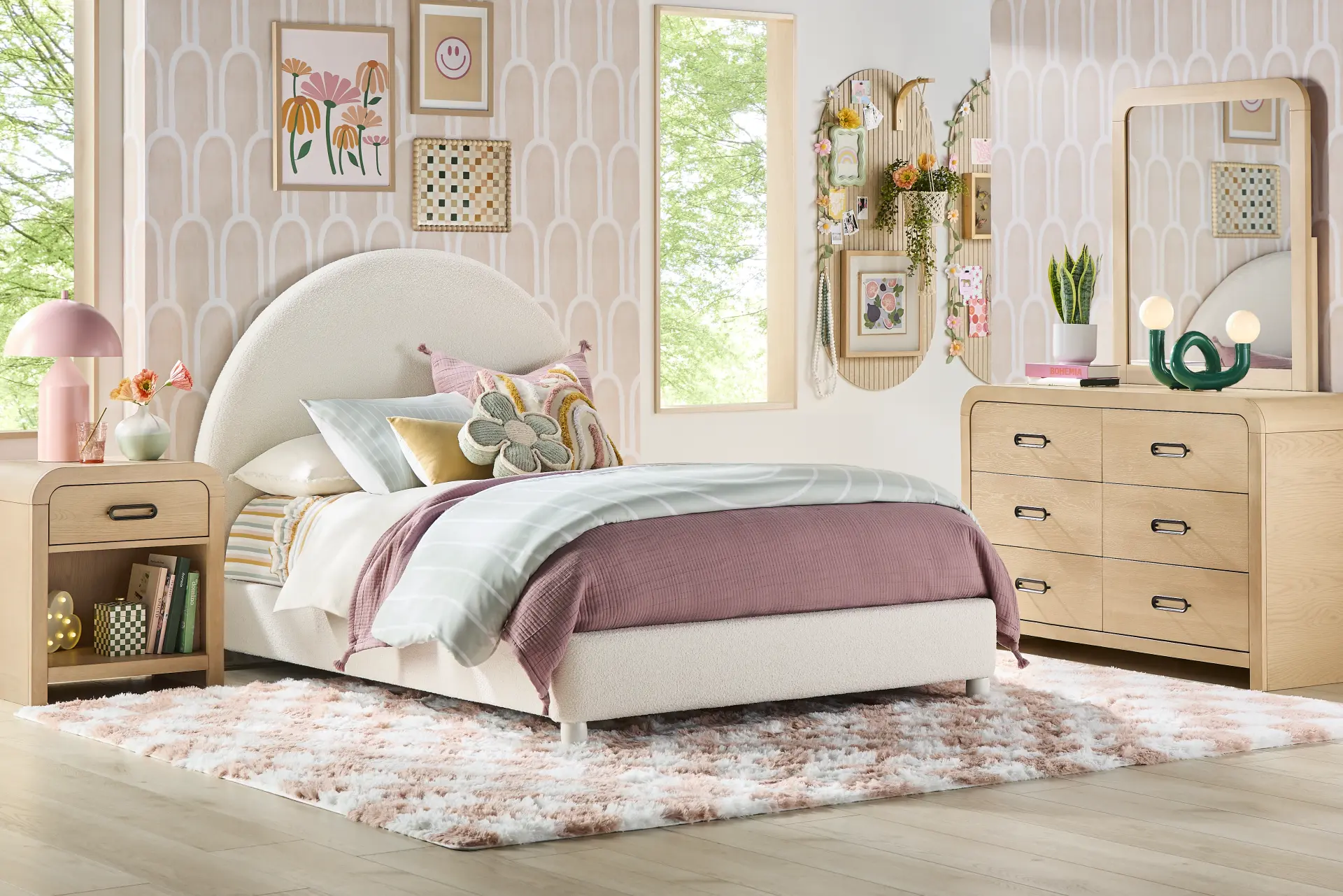 Kids Hidden Hills Light Oak Bedroom with Moonstone Natural Twin Upholstered Bed