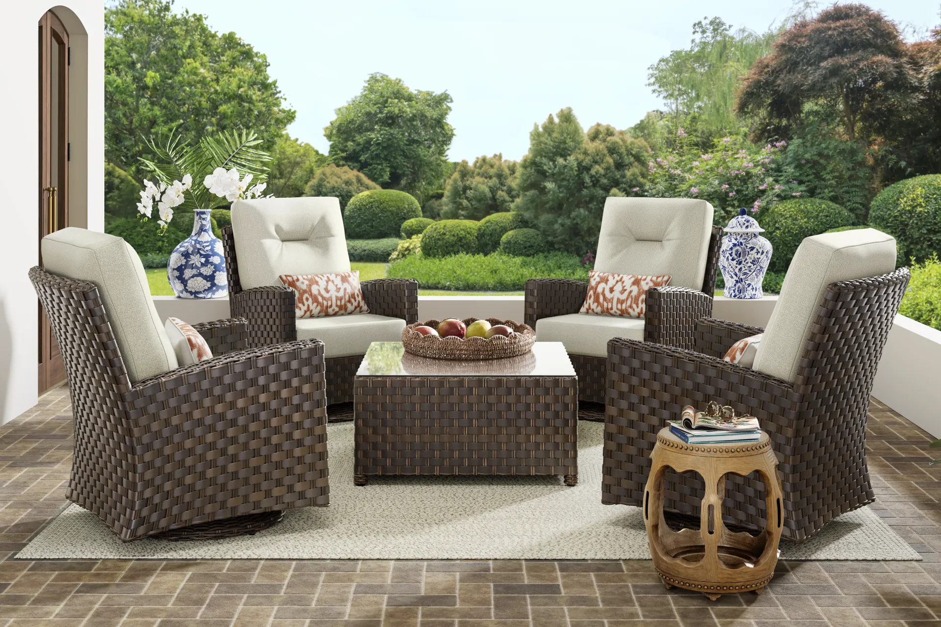 Mantra Brown 5 Pc Outdoor Swivel Chat Set with Ash Cushions - Image 1
