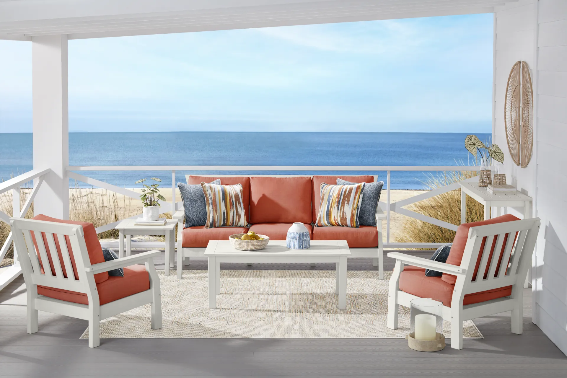 Eastlake White 4 Pc Outdoor Seating Set with Persimmon Cushions - Image 1