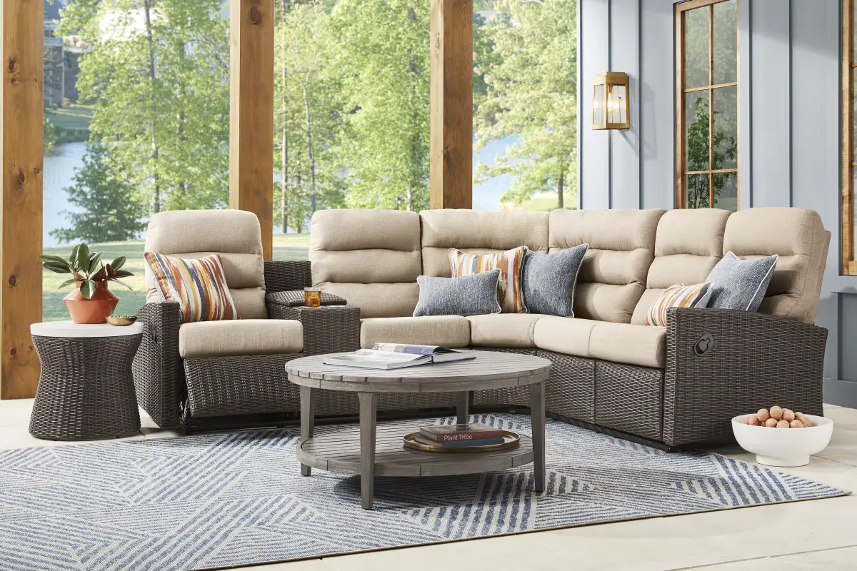 Ria Espresso 3 Pc Outdoor Reclining Sectional with Beige Cushions